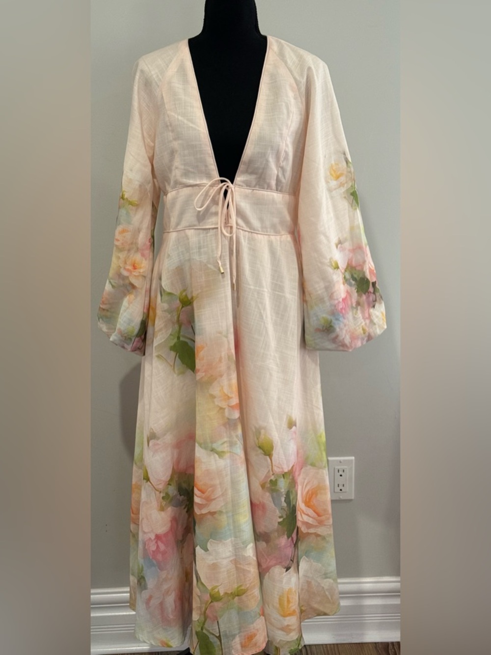 New Anewsta M Floral Zipper Back Deep V Bell Sleeve Maxi 791